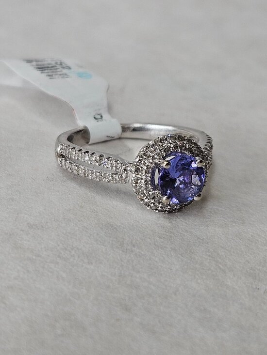Large Tanzanite 14.37ct Diamond 18K White Gold Double Halo  10K White Gold Tanzanite Double Halo Diamond Split Shank Cocktail Ring Size 7